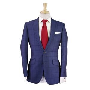 Richard James Royal Blue Woven Windowpane 2 Btn Slim Fit Wool Suit 36S